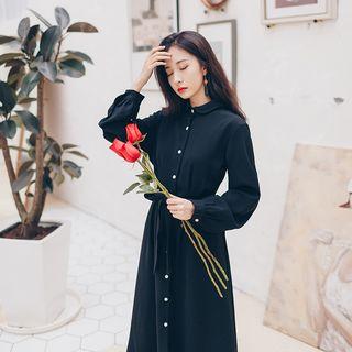 Tie Waist Midi Shirt Dress Black - One Size