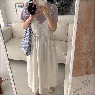 Short-sleeve T-shirt / Spaghetti-strap Maxi A-line Pinafore Dress