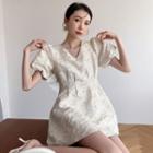 Puff-sleeve Textured Mini A-line Dress