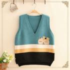 Cat Jacquard Color-block Knit Vest