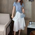 Set: Short-sleeve Wrap T-shirt + Asymmetrical Midi A-line Skirt