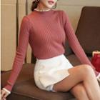 Eyelet Lace Trim Stand Collar Knit Top Red - One Size