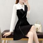 Mock Two-piece Studded Paneled Collared Knit Dress