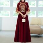 Traditional Chinese 3/4-sleeve Sequined Fringed Maxi A-line Evening Dress