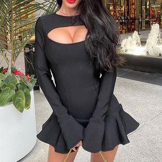 Long-sleeve Cut Out Ruffle Trim Mini Sheath Dress
