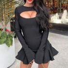Long-sleeve Cut Out Ruffle Trim Mini Sheath Dress