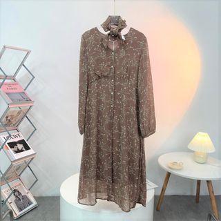 Long-sleeve Floral Print Dress Light Coffee - One Size