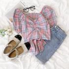 Short-sleeve V-neck Plaid Top Pink - One Size