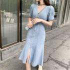 Short-sleeve Ruffle Hem Denim Midi Sheath Dress