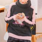 Color-block Printed Cable-knit Sweater