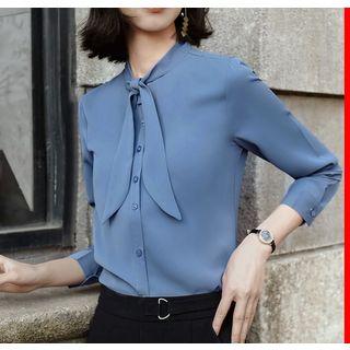 Plain Tie-neck Blouse / Cropped Skinny Pants / Cropped Wide-leg Pants / Set