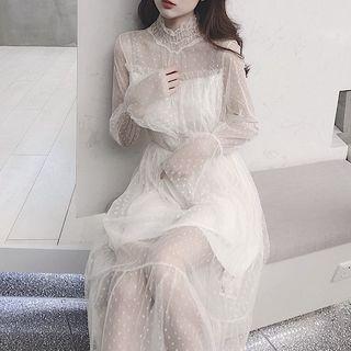 Dotted Lace Panel Midi Mesh Dress White - One Size