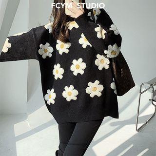 Flower-print Loose-fit Sweater Black - One Size