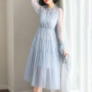 Set: Slipdress + Long-sleeve Sequined Midi A-line Dress