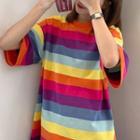 Elbow-sleeve Rainbow Striped T-shirt Stripes - Multicolour - One Size