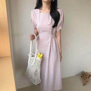 Plaid Puff-sleeve Slim-fit Dress