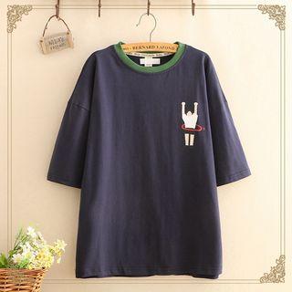 Contrast-collar Print Short-sleeve Top As Shown In Figure - One Size
