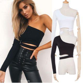 One-shoulder Long-sleeve Cut-out Cropped Top