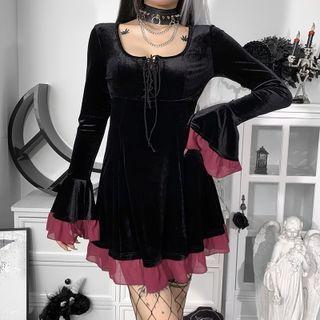 Bell-sleeve Lace-up Frill Trim Mini A-line Dress
