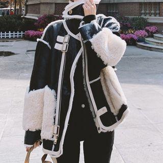 Long-sleeve Faux Leather Panel Fleece Jacket