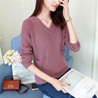 Front Pocket V-neck Plain Sweater