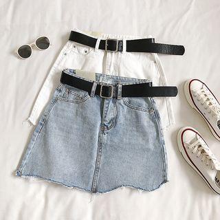 Asymmetric Scalloped Hem Denim Mini Skirt
