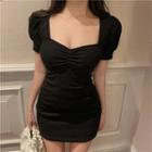 Ruched Puff-sleeve Bodycon Dress Black - One Size