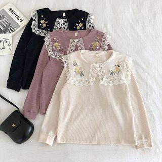 Color-block Flower Embroidered Lace Panel Long-sleeve Knit Top
