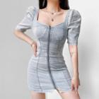 Short-sleeve Zip-up Denim Mini Shift Dress