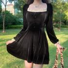 Long-sleeve Lace Trim Mini A-line Velour Dress