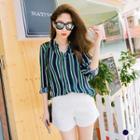 Vertical Stripes Collared Long Sleeve Blouse