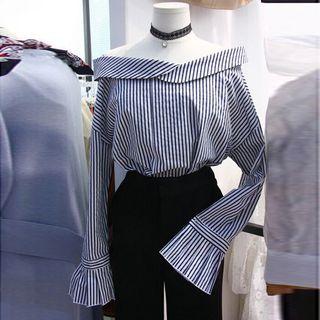 Off-shoulder Bell-sleeve Striped Top