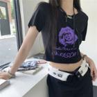 Short Sleeve Rose Print Crop T-shirt