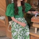 Puff-sleeve Plain Blouse / Floral Midi A-line Skirt