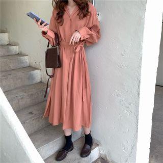 Plain V-neck Long-sleeve Shirtdress