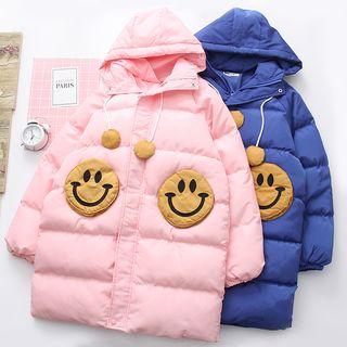 Hooded Smiley Patched Zip Padded Coat