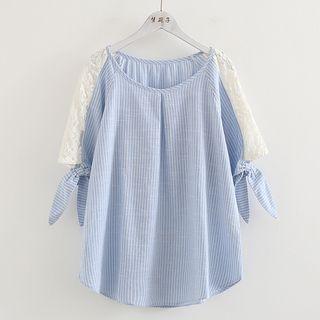 Lace Panel Short-sleeve Striped Top