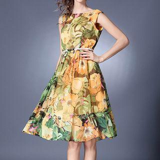 Floral Print Sleeveless Chiffon A-line Dress