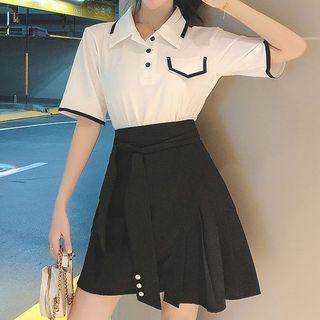 Set: Contrast Trim Short-sleeve Polo Shirt + High Waist A-line Skirt