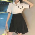 Set: Contrast Trim Short-sleeve Polo Shirt + High Waist A-line Skirt