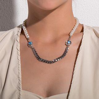 Alloy Chain Faux Pearl Necklace Silver - One Size