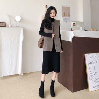 Furry Vest / Mock Neck Rib Knit Midi Dress