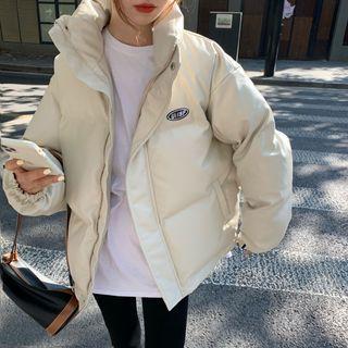 Lettering Print Padded Zip Jacket Almond White - One Size