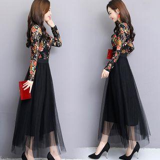Long-sleeve Floral Panel Midi A-line Mesh Dress