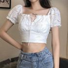 Puff-sleeve Lace Tie-front Crop Top