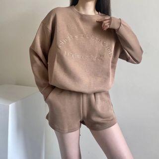 Set: Letter Embroidered Sweatshirt + Shorts