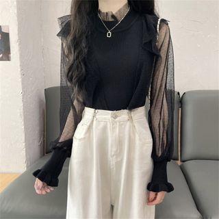 Puff-sleeve Ruffled Mesh Blouse