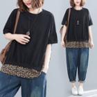 Elbow-sleeve Paneled T-shirt As Shown In Figure - One Size
