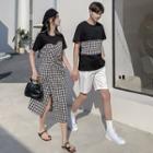 Couple Matching Short-sleeve Gingham Panel T-shirt / Midi Smock Dress / Plain Shorts