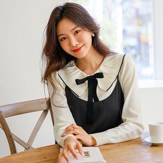 Piped-collar Tie-neck Knit Top